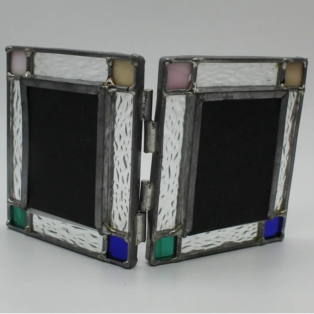 Handcrafted Stained Glass Double Picture Frame Small Multicolor Good Hinged